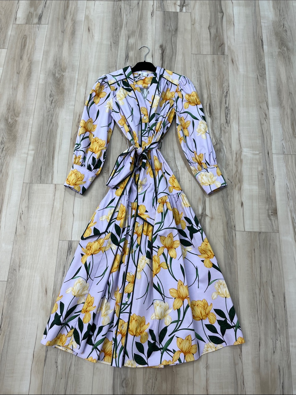 Lilac Floral Tie-Waist Maxi Dress with Yellow Tulip Print